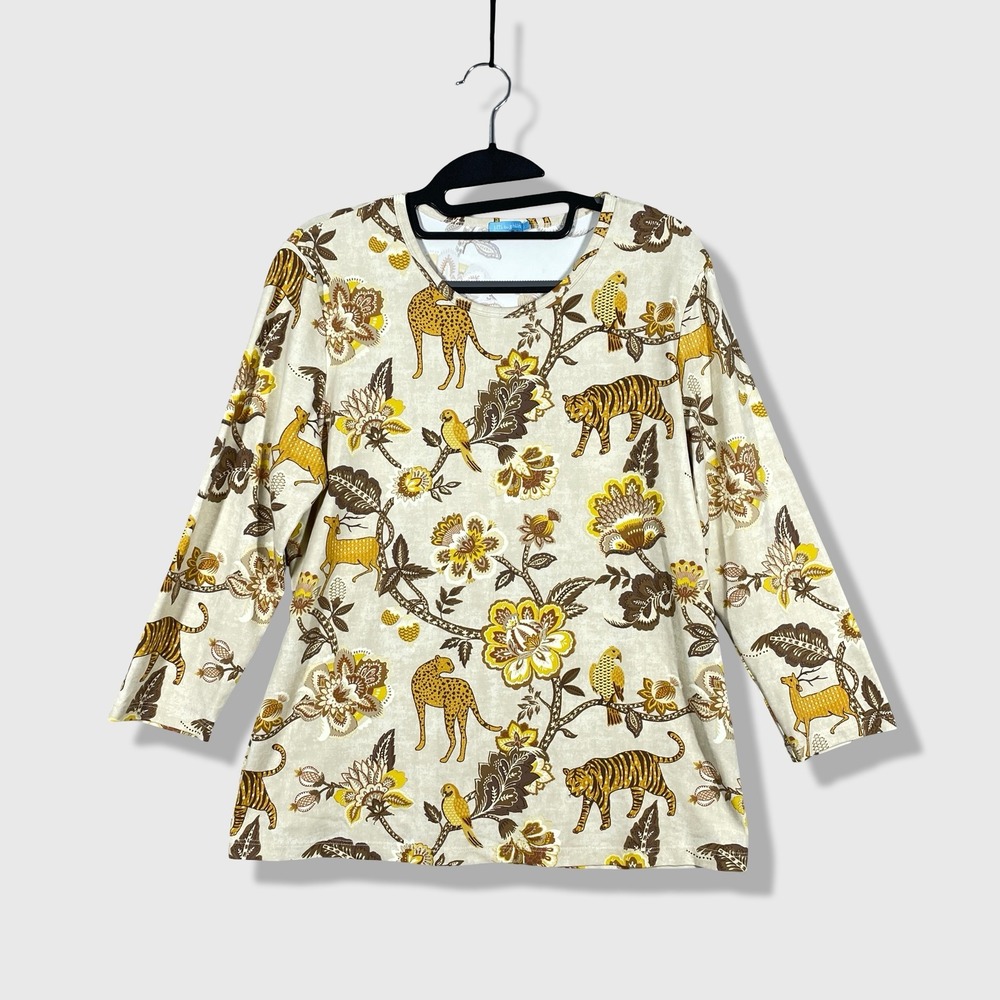 J.McLaughlin Top Women L Beige Safari Jungle Animal Print Maximalist Eclectic